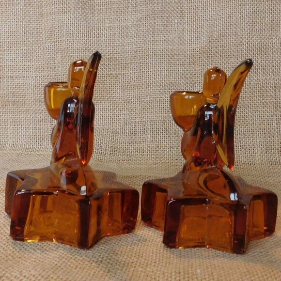 VTG L E Smith Amberina Gold Amber Angel Candle Holder Set Lot of 2 - Picture 4 of 8